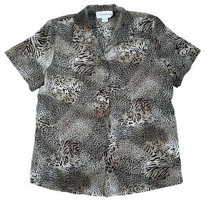 Nygard Collection Vintage Sheer Animal Print Blouse Womens 14 Brown Short Sleeve
